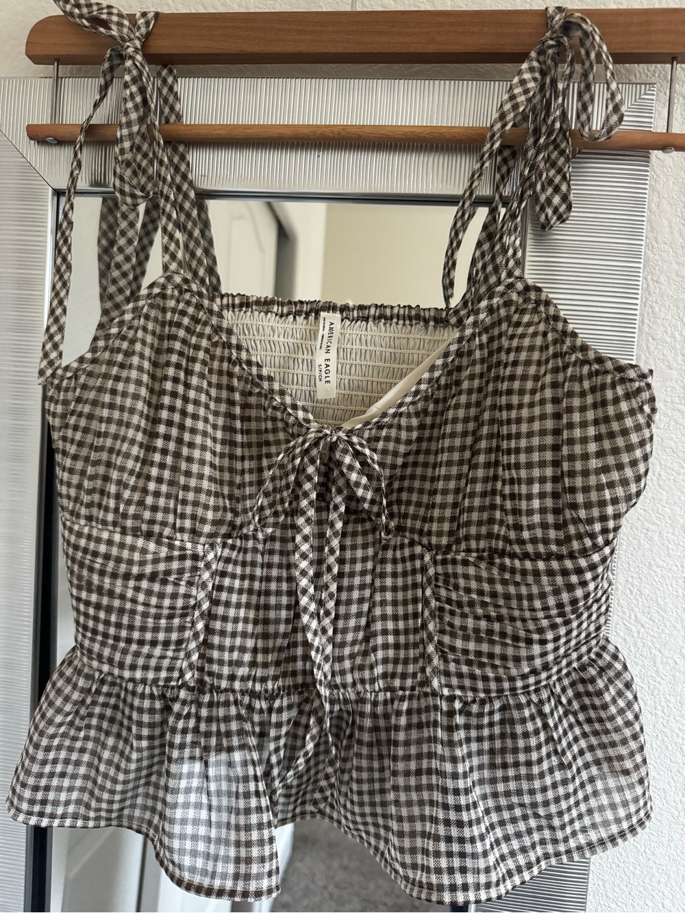 American Eagle Brown Gingham Tie-Shoulder Peplum Cami